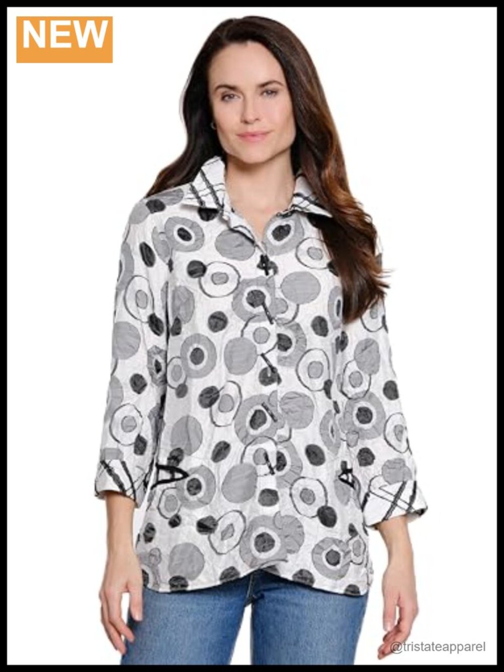 Women's Woven Jacquard Button Down Shirt with 3/4 Cuff Sleeves